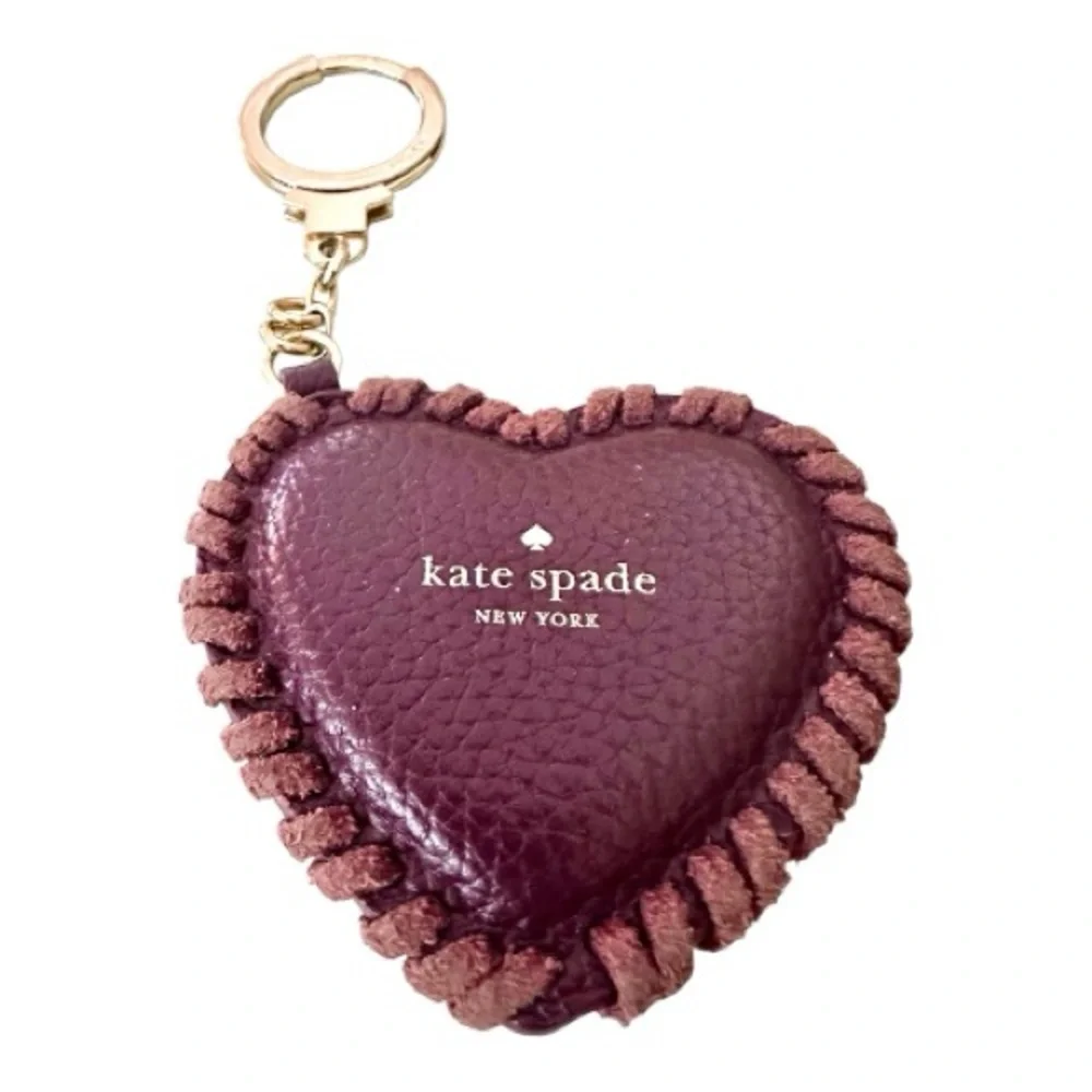 Kate Spade Burgundy Leather Heart Keychain & Bag Charm Accessory W/ Cross Stitch